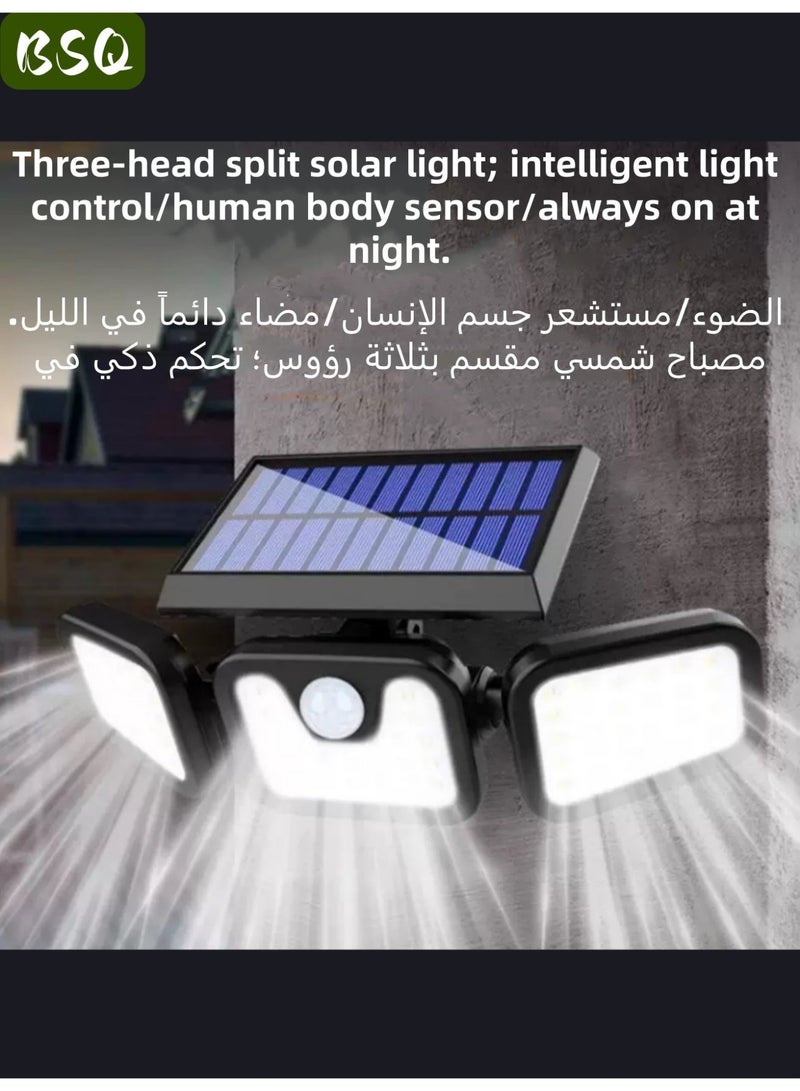 بي إس كيو مصابيح شمسية خارجية، مصابيح LED لاسلكية عالية السطوع تعمل بالطاقة الشمسية ومزودة بمستشعر حركة؛ ثلاثة رؤوس مصابيح قابلة للتعديل، إضاءة واسعة بزاوية 270 درجة، مقاومة للماء بمعيار IP65، كشاف ضوئي فائق السطوع، 3 أوضاع إضاءة. - Image 3